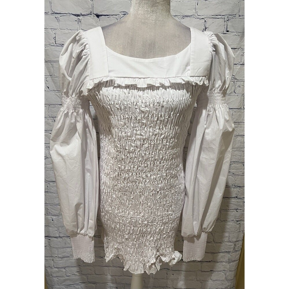 NWT Choosy White Rouched Puff Sleeve Cotton Dress Size Large